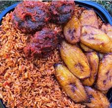 Jollof Rice, plantain, and Beef 